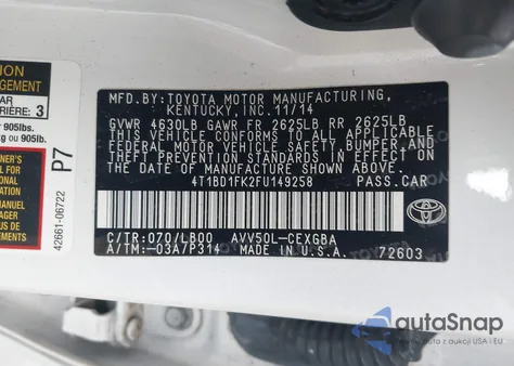 2015 Toyota Camry Hybrid Xle из США, поврежденный, VIN 4T1BD1FK2FU149258